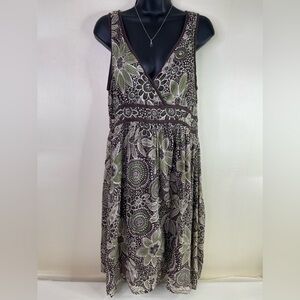 Lola P. Mini Dress Size Medium Women’s Green Floral Brown Sleeveless Summer Fun